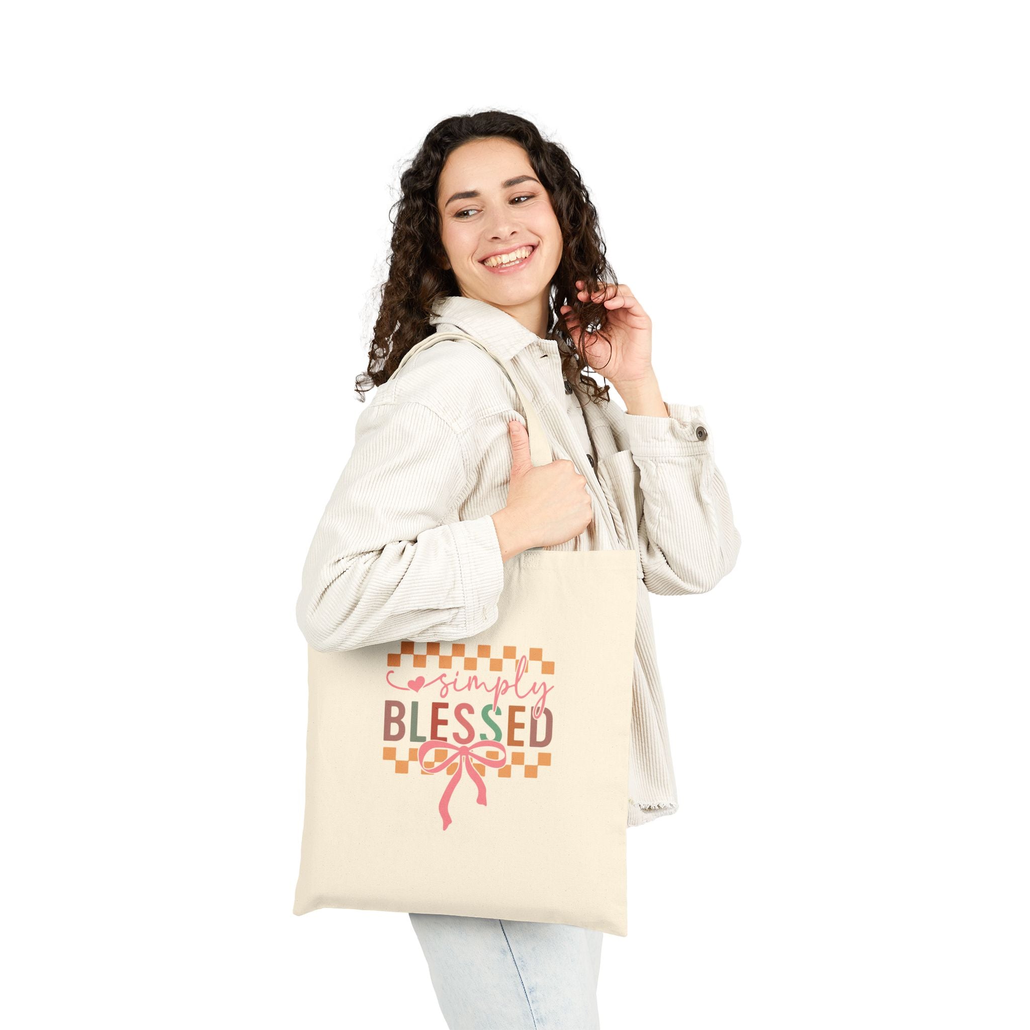 Simply Blessed tote bag | canvas shopper farmhouse check ribbon design