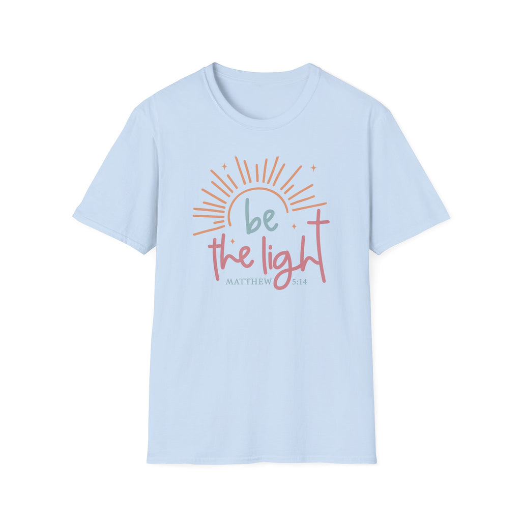 Be the Light T-Shirt | Handlettered sun illustration, faith scripture