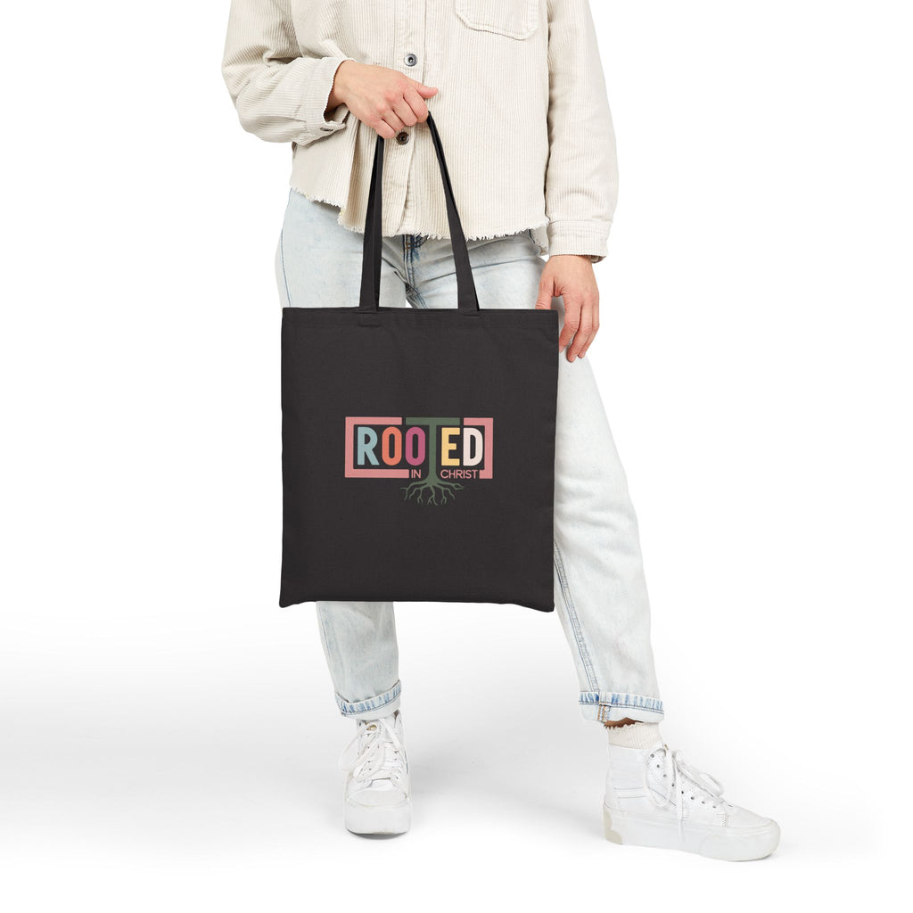 Rooted in Christ Tote Bag | Christian Faith Roots Design