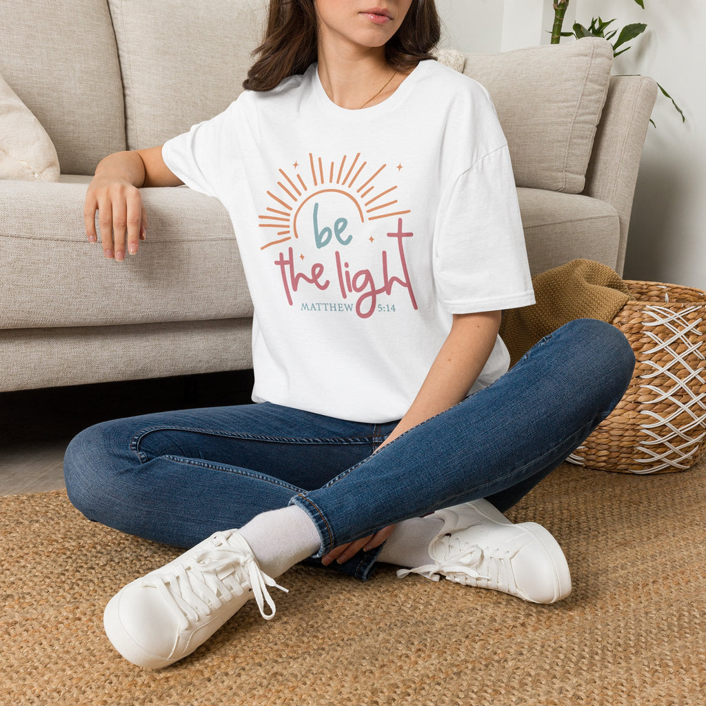 Be the Light T-Shirt | Handlettered sun illustration, faith scripture