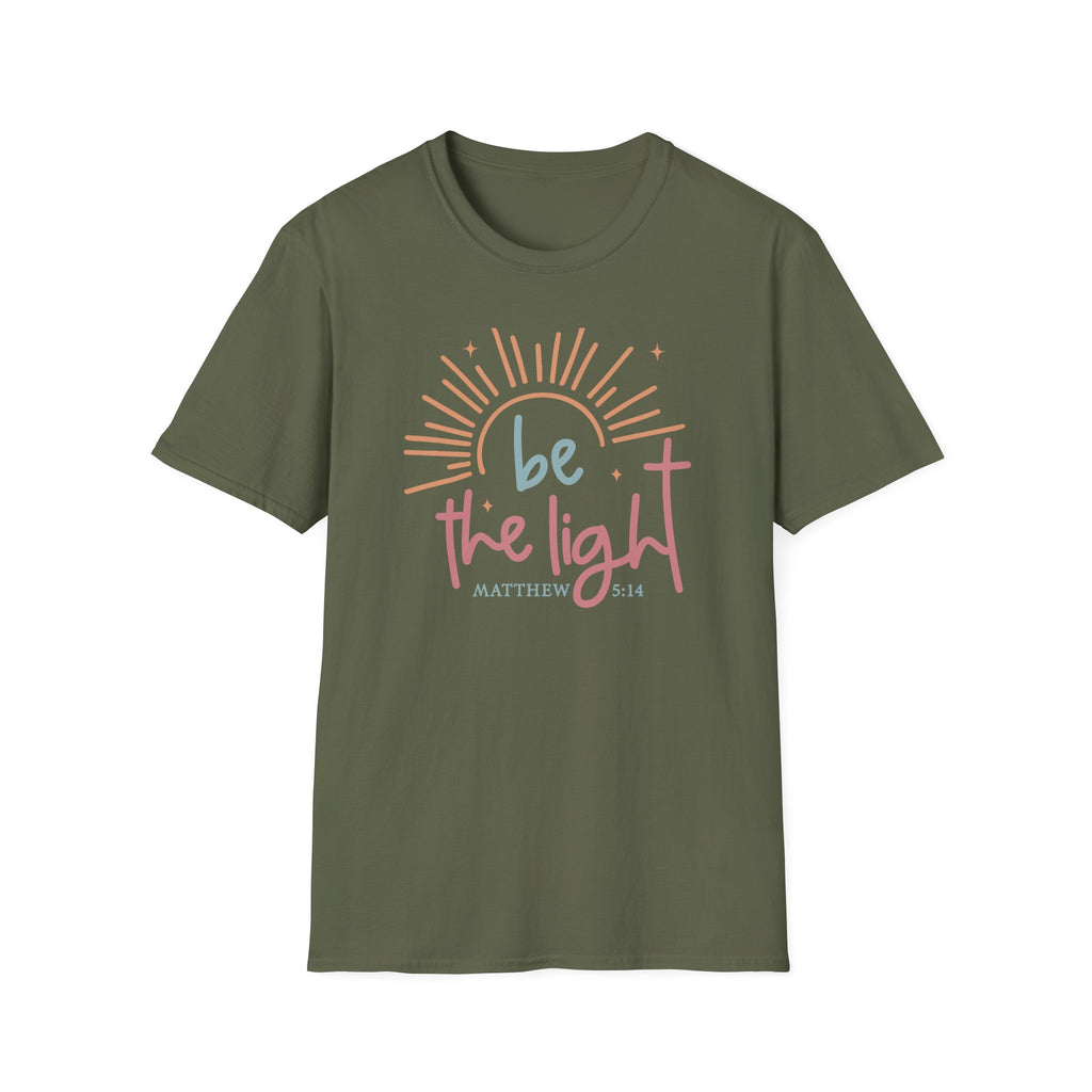 Be the Light T-Shirt | Handlettered sun illustration, faith scripture
