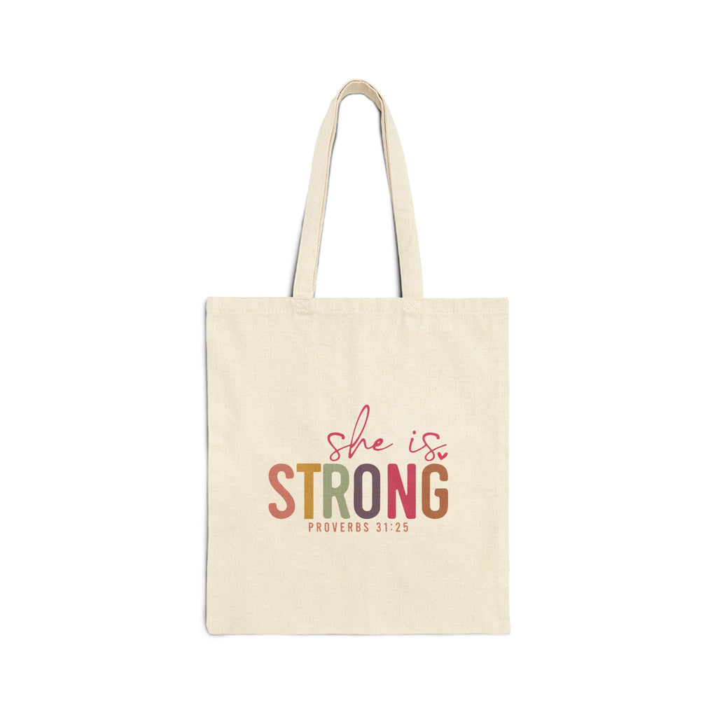 She Is Strong tote bag | Proverbs 31:25 scripture canvas tote