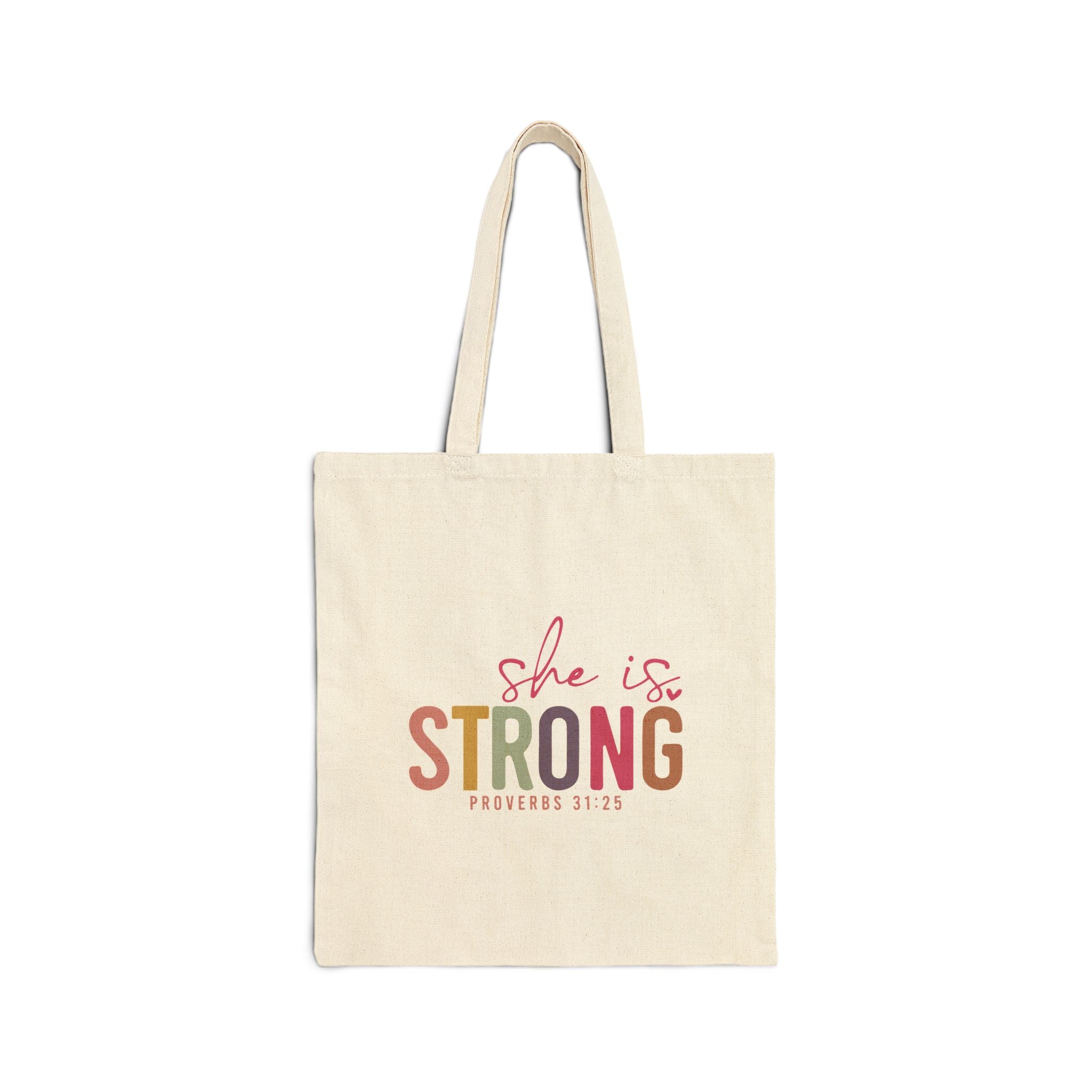 She Is Strong tote bag | Proverbs 31:25 scripture canvas tote