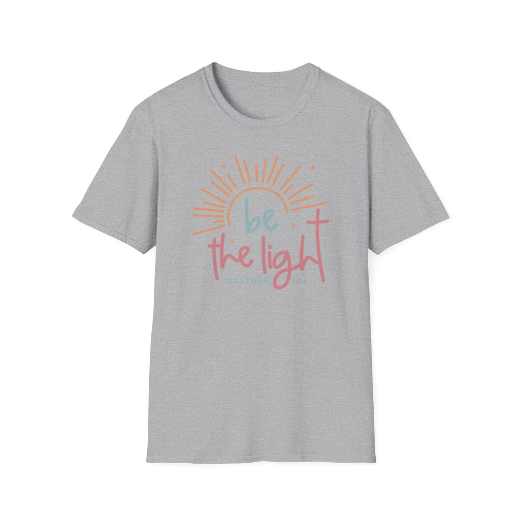 Be the Light T-Shirt | Handlettered sun illustration, faith scripture