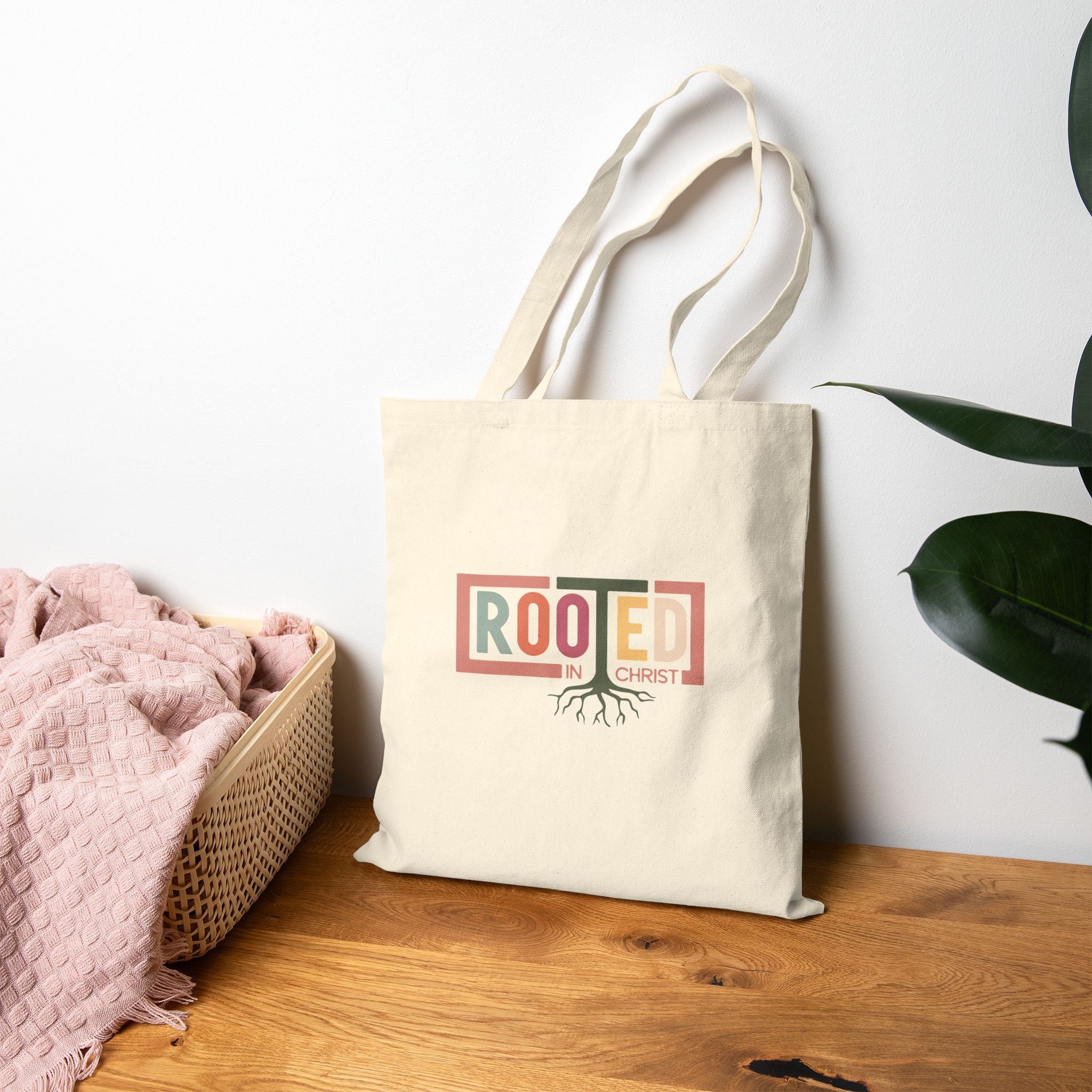 Rooted in Christ Tote Bag | Christian Faith Roots Design