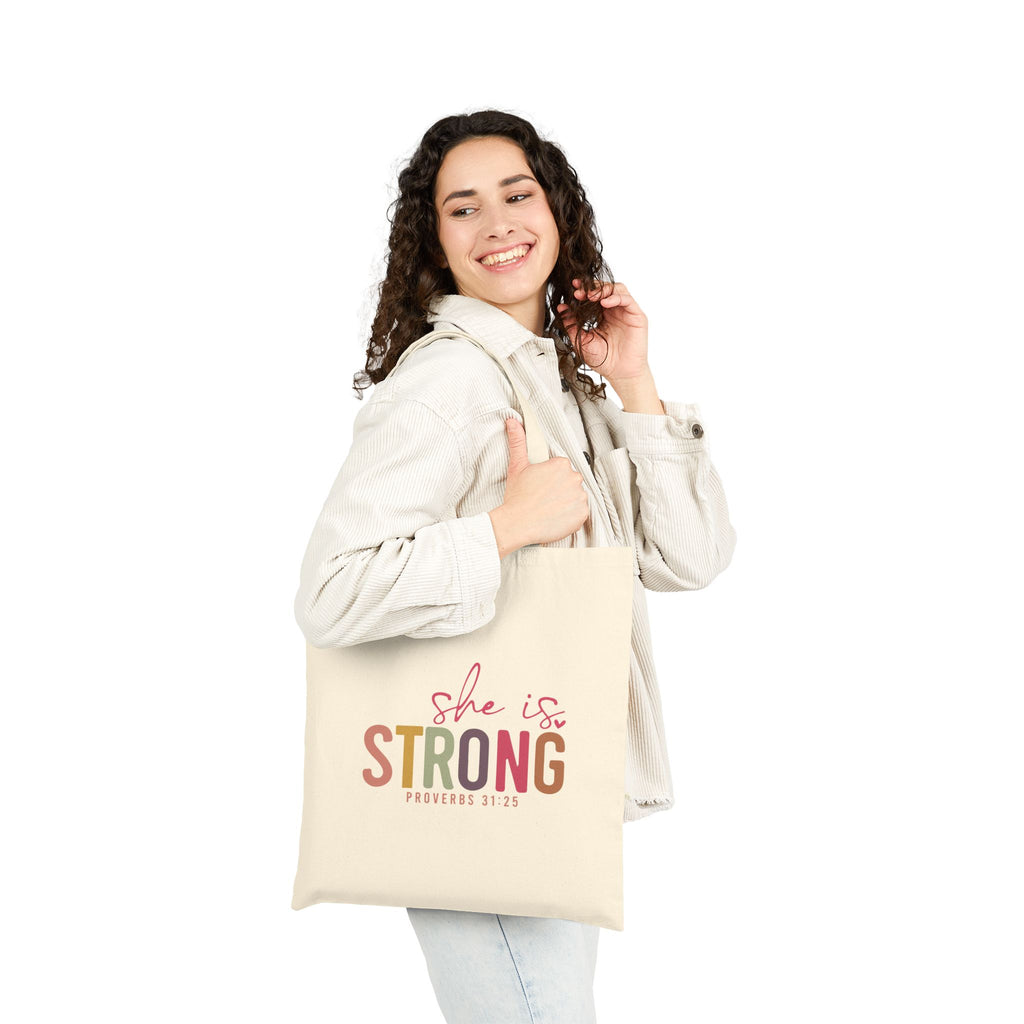She Is Strong tote bag | Proverbs 31:25 scripture canvas tote