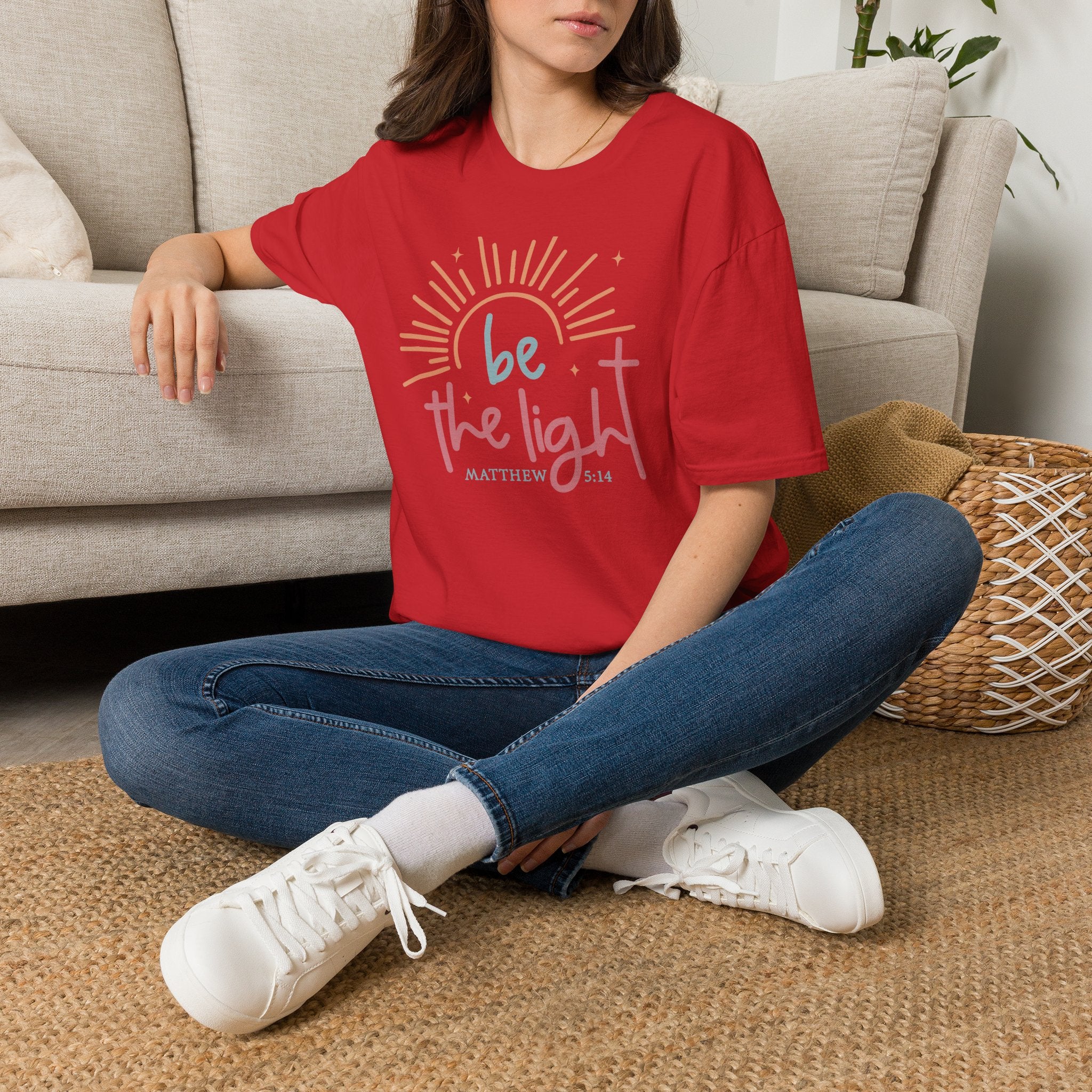 Be the Light T-Shirt | Handlettered sun illustration, faith scripture