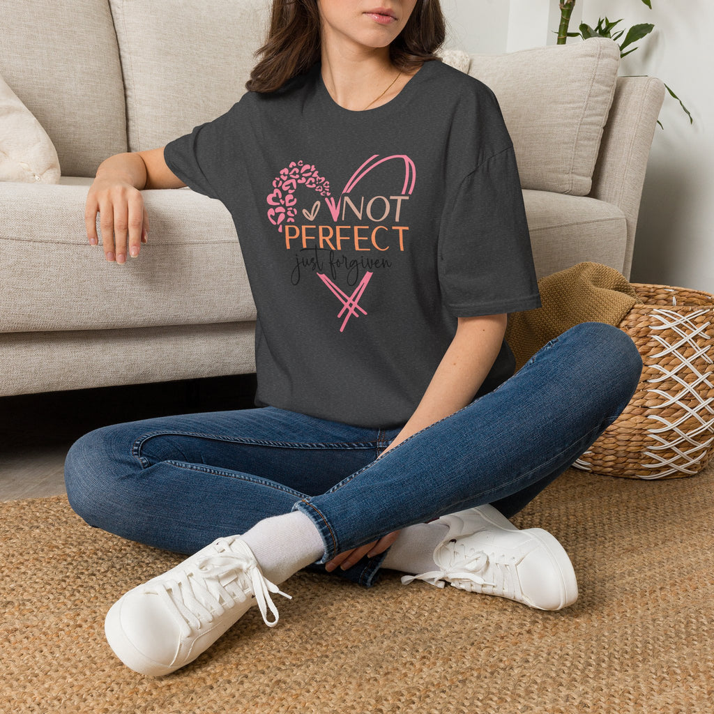 Not Perfect Just Forgiven T-Shirt | Heart Leopard Script Faith Tee