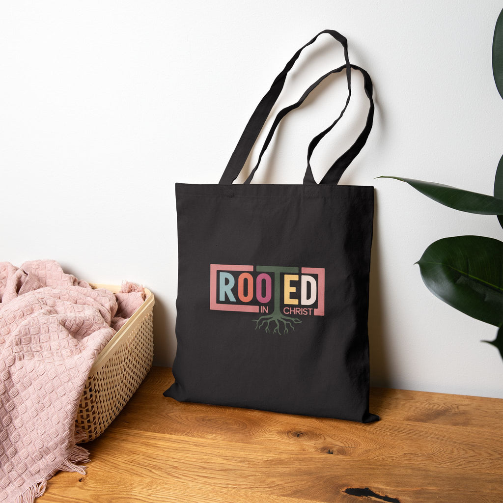 Rooted in Christ Tote Bag | Christian Faith Roots Design