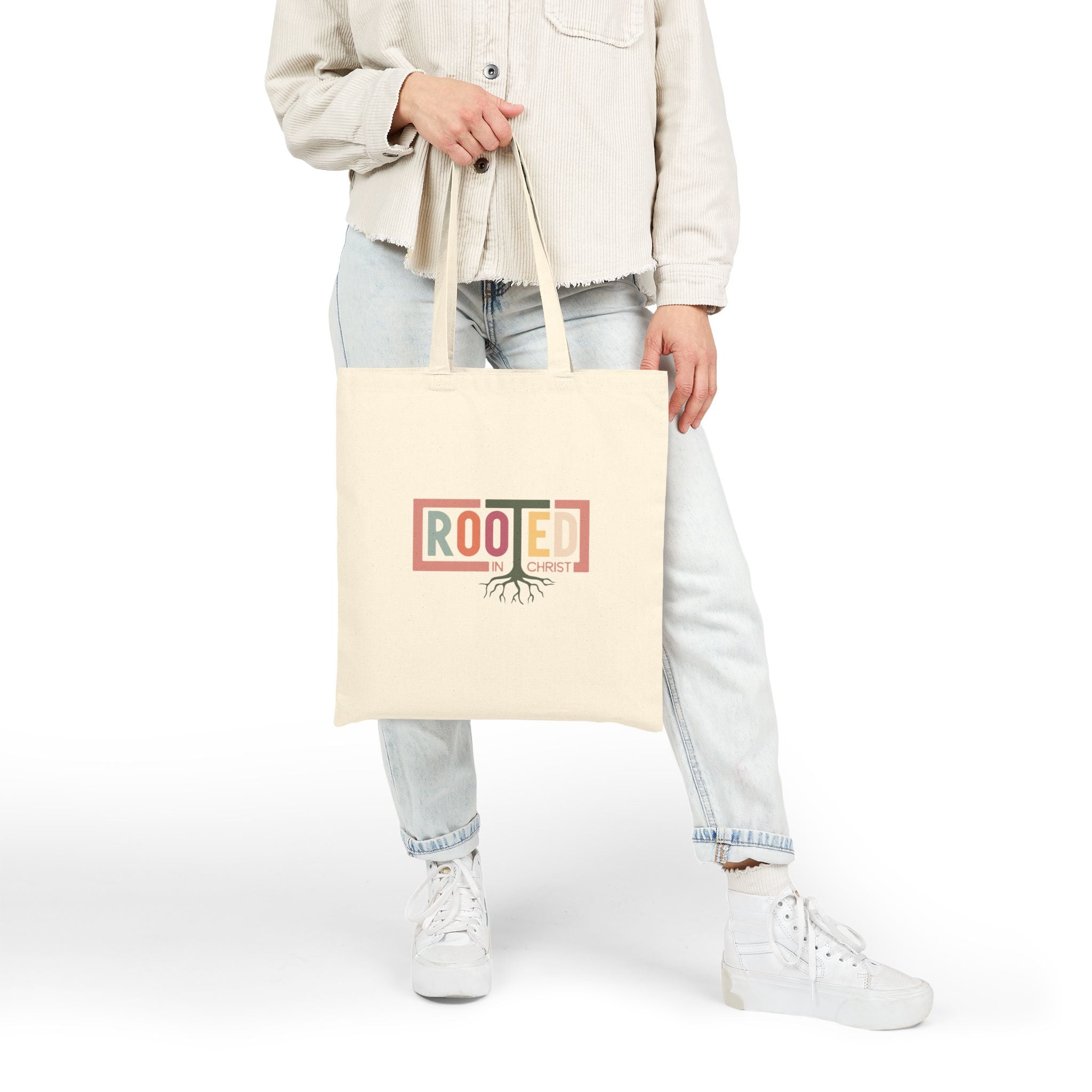 Rooted in Christ Tote Bag | Christian Faith Roots Design