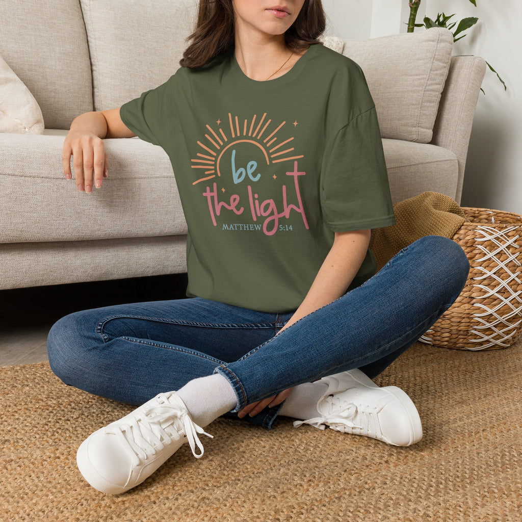 Be the Light T-Shirt | Handlettered sun illustration, faith scripture