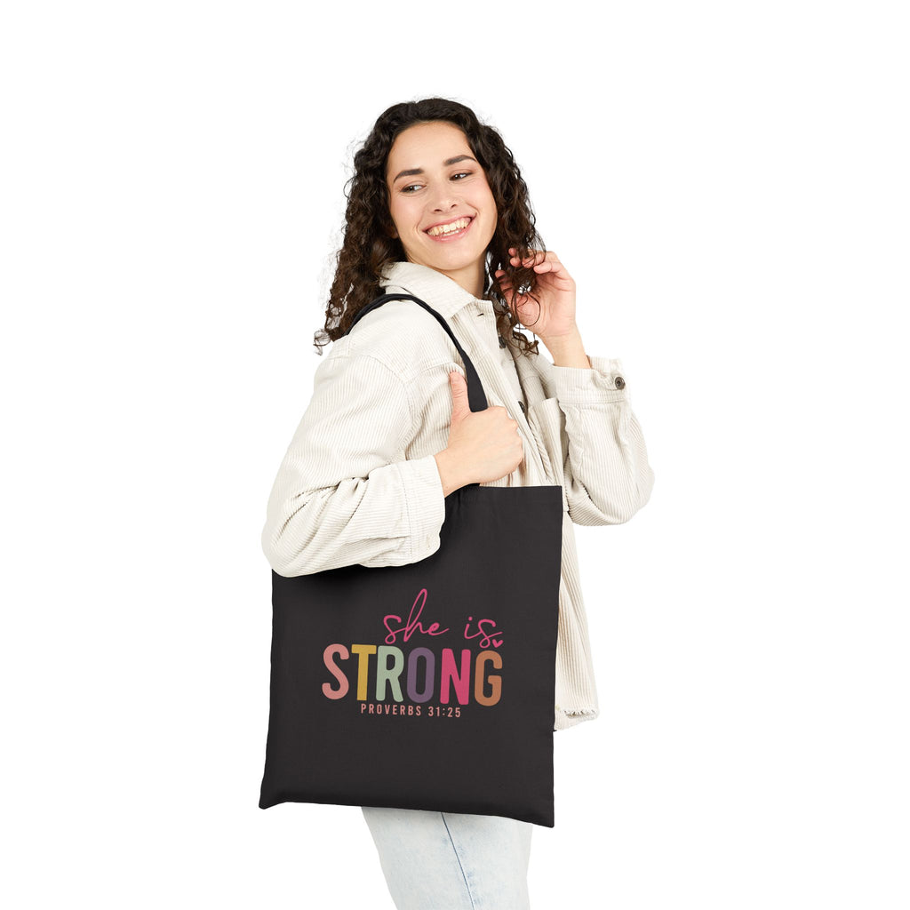 She Is Strong tote bag | Proverbs 31:25 scripture canvas tote